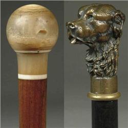TWO CANES: BRASS DOG CANE AND ROUND TOP