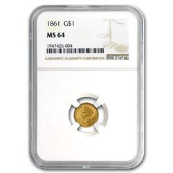 1861 $1 Indian Head Gold MS-64 NGC
