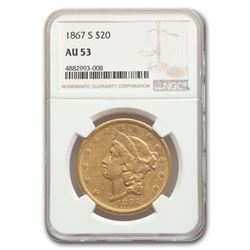 1867-S $20 Liberty Gold Double Eagle AU-53 NGC