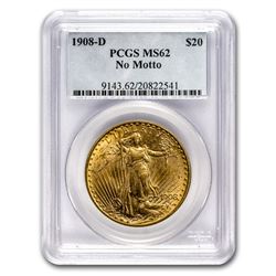 1908-D $20 Saint-Gaudens Gold No Motto MS-62 PCGS