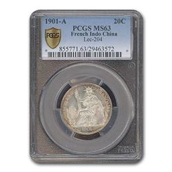 1901-A French Indo-China 20 Cents MS-63 PCGS