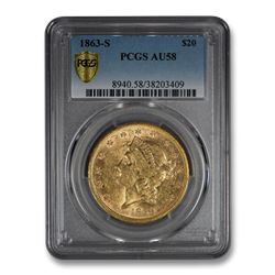 1863-S $20 Liberty Gold Double Eagle AU-58 PCGS