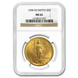 1908 $20 Saint-Gaudens Gold Double Eagle No Motto MS-62 NGC