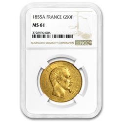 1855-A France Gold 50 Francs Napoleon III MS-61 NGC