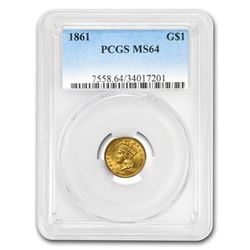 1861 $1 Indian Head Gold MS-64 PCGS