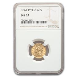 1861 $2.50 Liberty Gold Quarter Eagle Type-II MS-62 NGC