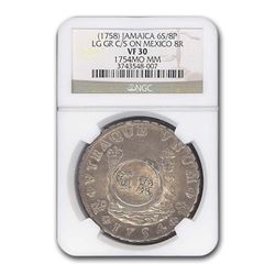 1758 Jamaica 6 Schilling on Mexican 8 Reales VF-30 NGC (1754MO)