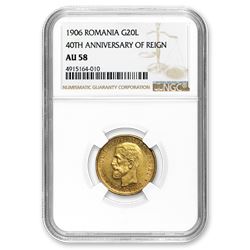 1906 Romania Gold 20 Lei AU-58 NGC