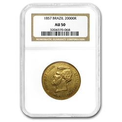 1857 Brazil Gold 20\,000 Reis Pedro II AU-50 NGC