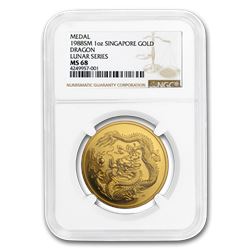 1988 Singapore 1 oz Gold 100 Singold Dragon MS-68 NGC