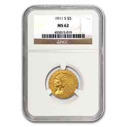 1911-S $5 Indian Gold Half Eagle MS-62 NGC