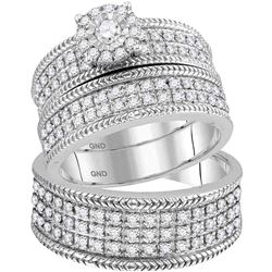 14kt White Gold Round Diamond 3-Stone Bridal Wedding Engagement Ring Band Set 2.00 Cttw