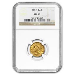 1853 $2.50 Liberty Gold Quarter Eagle MS-61 NGC