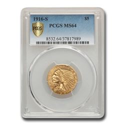 1916-S $5 Indian Gold Half Eagle MS-64 PCGS