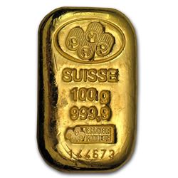 100 gram Gold Bar - PAMP Suisse (Cast\, w/Assay)