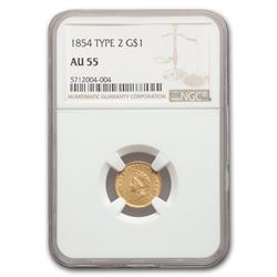 1854 $1 Indian Head Gold Type-II AU-55 NGC