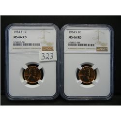 (2) 1954 S Lincoln Cents NGC MS66 RED