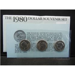 1980 United States Susan B. Anthony 3 Coin Dollar Set w/ Original Packaging