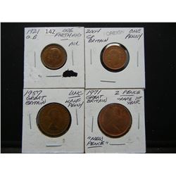 1921 One Farthing, 1957 Half penny, 1971 Two Pence, 2004 One Penny, ALL From Great Britain