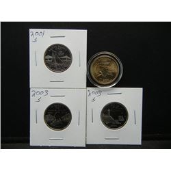 2001 S Rhode Island Quarter, 2002 Louisiana Gold Colored Quarter, 2003 S Maine and Missouri Quarters