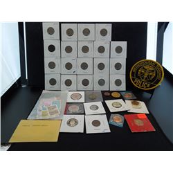 cigar box lot includes stamps, buffalo nickels, foreign coins, political pinback,  patch, and more
