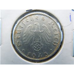 1943-b German 50 pfennig coin with swastika minted during world war 2
