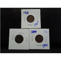 1890, 1894, and 1908 Indian head cents