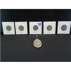 5 buffalo nickels and a buffalo nickel keychain