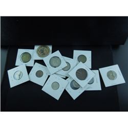 bag of foreign coins with a wooden nickel thrown in