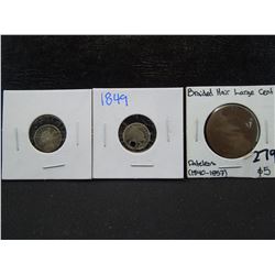 holed 1849 half dime, dateless half dime, and no date large cent