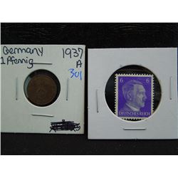 1937-a one pfennig coin from germany with swastika and a hitler stamp