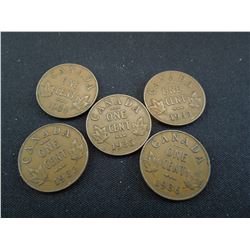 five candian small cents dated 1932-1936