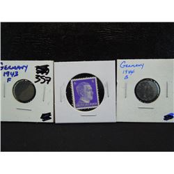 2 german swastika coins and a hitler stamp