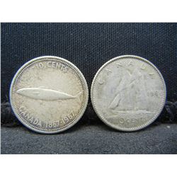 1967 & 1968 Canadian Dimes 50% Silver Coins.