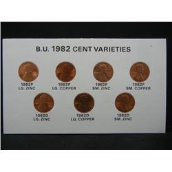 (7) Variety 1982 Lincoln Memorial Set (Copper and Zinc) GEM Red BU in nice display.