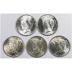 FIVE 1925 PEACE DOLLARS