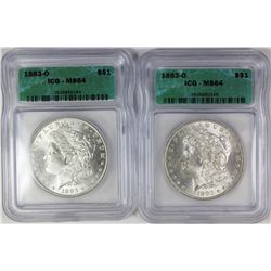 TWO 1883-O MORGAN SILVER DOLLARS