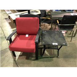 BLACK PLASTIC RATTAN OUTDOOR PATIO ARM CHAIR WITH RED CUSHIONS & BLACK PLASTIC RATTAN SIDE TABLE