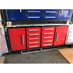 2020 RED STEELMAN 7FT WORK BENCH WITH 10 DRAWERS, 87W X 29 X39"H DRAWERS WITH LOCK AND