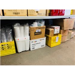 LOT OF ASSORTED PLASTIC CUPS, LIDS, CUTLERY & TAKE OUT BOXES