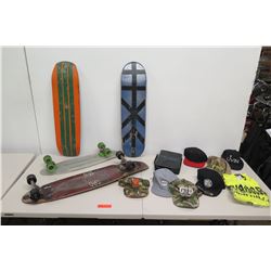 2 Skateboards, 2 Decks, Misc. Baseball Caps, T-Shirt, etc (not from HPD)