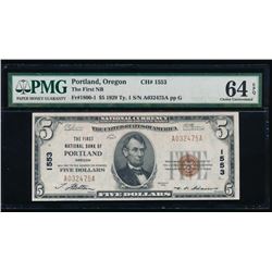 1929 $5 Portland National Bank Note PMG 64EPQ