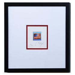 Peter Max- Original Lithograph "Flag with Heart on Blue"