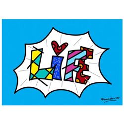 Romero Britto "Life Blue Mini Word" Hand Signed Giclee on Canvas; Authenticated