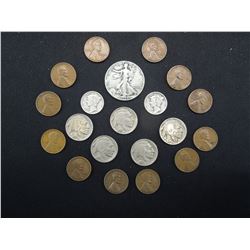 Grab Bag Lot - (3) 90% Silver Coins- Walking Liberty Half Dollar, Mercury Dimes, Buffalo Nickels, Wh