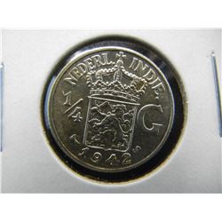 1942 S Dutch E Indies SILVER 1/4 Guilder. GEM UNC