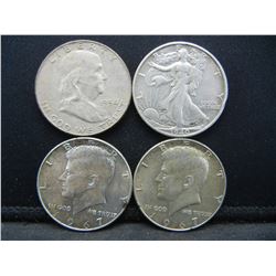 1940 S Walking Liberty Half Dollar, (2) 1967 Kennedy Half Dollars, 1954 D Franklin Half Dollar