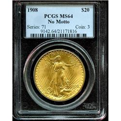 1908 MS 64 No Motto PCGS $ 20 Saint Gauden's