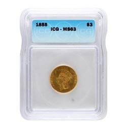 1855 MS 63 RARE ICG $3 Gold