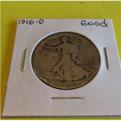 1916 D Good Grade Walking Liberty Half Dollar